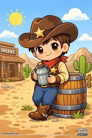 This friendly young sheriff is ready for a sunny day in the Wild West, holding his trusty water canteen.