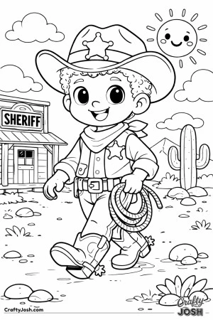 This cheerful young sheriff is strolling through town, boots tapping the dusty trail with a big smile on his face.