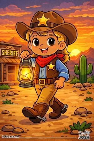 As the sun sets over the quiet town, this brave young sheriff lights the way with her glowing lantern.