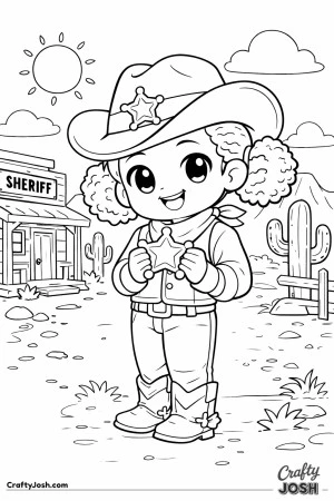 This cheerful sheriff proudly holds her shiny badge, ready for a day of Wild West fun.