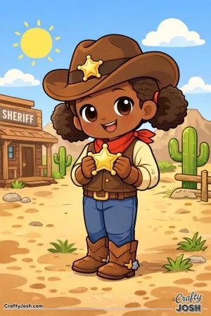 This cheerful sheriff proudly holds her shiny badge, ready for a day of Wild West fun.