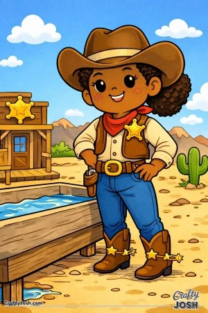 This confident sheriff stands proudly by the water trough, ready for another day in the Wild West.