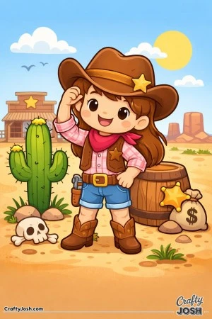 A friendly sheriff tips her cowboy hat with a big smile, ready to greet the Wild West with confidence.