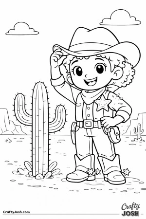 This confident young sheriff tips her hat with a big smile in the middle of a sunny desert scene.