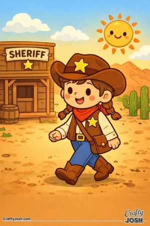 A confident sheriff strolls through town with a small satchel and a big smile.