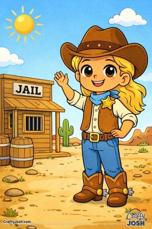 This friendly sheriff waves hello while keeping watch over her little Wild West town.