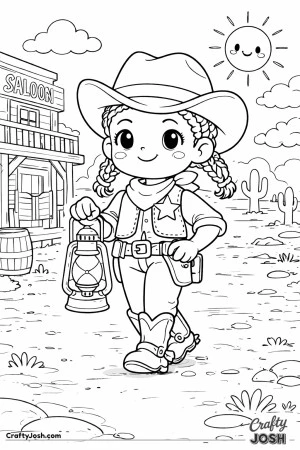 This brave sheriff walks through a quiet western town, lantern in hand and a confident smile on her face.