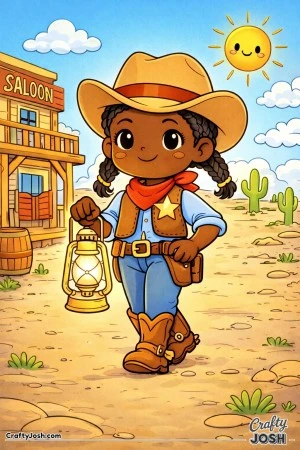 This brave sheriff walks through a quiet western town, lantern in hand and a confident smile on her face.