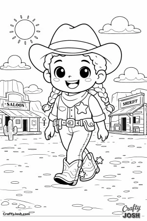 A confident young sheriff walks proudly down a sunny western street, ready for adventure.