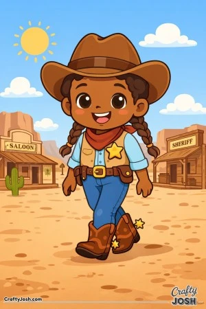 A confident young sheriff walks proudly down a sunny western street, ready for adventure.