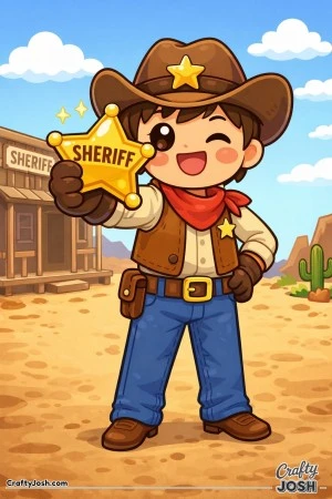 Meet a happy sheriff showing off a shiny star with a big, confident grin.