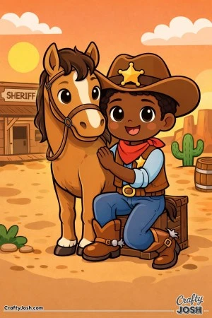 A friendly young sheriff kneels beside his calm horse, sharing a quiet moment in the sunny Wild West.