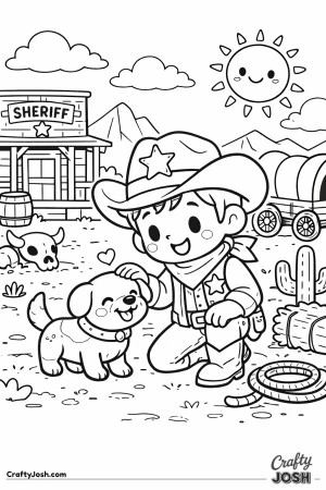 A kind sheriff takes a knee to give a friendly pup some love under the sunny western sky.