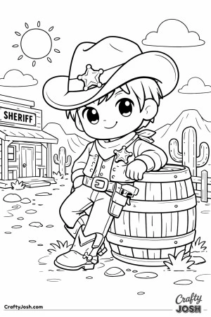 This cheerful sheriff takes a break, leaning coolly against a wooden barrel in the sunny Wild West.