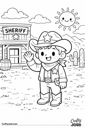 This friendly sheriff waves hello outside the town office, ready to greet everyone with a big smile.