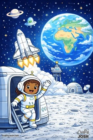 A girl astronaut waves from a moon base doorway