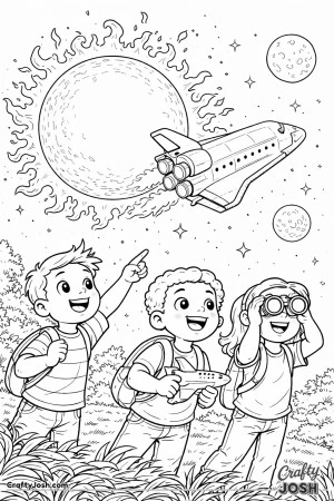 A space shuttle flies past a big sun with wavy solar flames while three kids on the ground point and watch