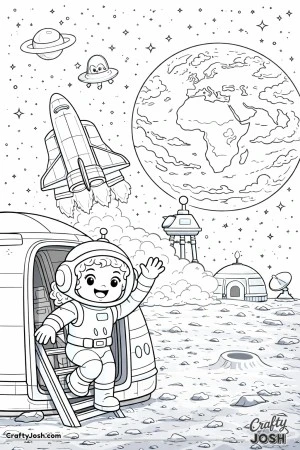 A girl astronaut waves from a moon base doorway
