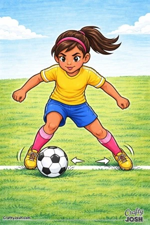 A young soccer player practices quick side-to-side ball control, staying low and balanced as she moves the ball rapidly between her feet