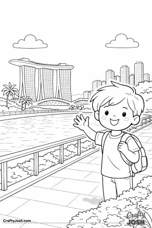 Wave hello from Singapore’s sunny waterfront, where a happy child strolls beside the water.