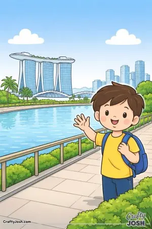 Wave hello from Singapore’s sunny waterfront, where a happy child strolls beside the water.