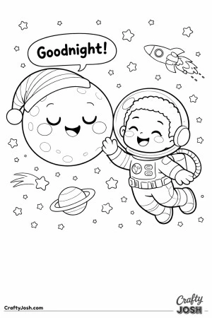 A smiling moon in a nightcap says “Goodnight!” while a happy little astronaut floats nearby and waves in space
