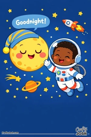 A smiling moon in a nightcap says “Goodnight!” while a happy little astronaut floats nearby and waves in space