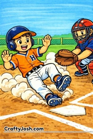 A Little League baseball player performs a feet-first slide into home plate with an excited expression, while a catcher reaches forward nearby ..