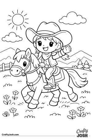 Yeehaw! This happy cowgirl rides her trusty horse through wide open fields with a big smile and lots of confidence.