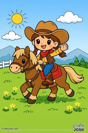 Yeehaw! This happy cowgirl rides her trusty horse through wide open fields with a big smile and lots of confidence.