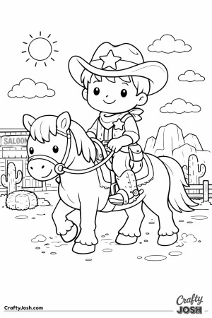 A happy sheriff takes a gentle ride through the Wild West on a calm, friendly horse.