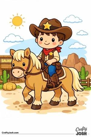 A happy sheriff takes a gentle ride through the Wild West on a calm, friendly horse.