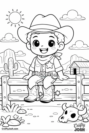 A cheerful young sheriff takes a break on a wooden fence, boots swinging and smile shining bright.