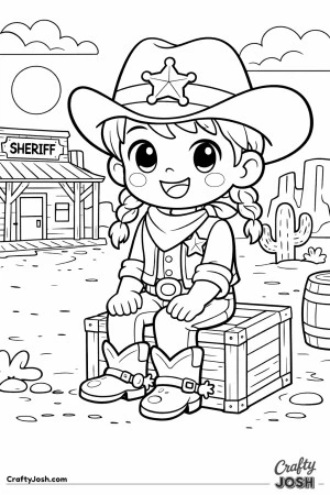 This smiling sheriff takes a break on a wooden crate, soaking in the calm of a sunny western town.