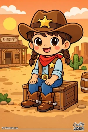 This smiling sheriff takes a break on a wooden crate, soaking in the calm of a sunny western town.