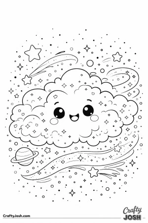 Cloud of space dust drifts through space, surrounded by stars, comets, and a small ringed planet