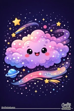 Cloud of space dust drifts through space, surrounded by stars, comets, and a small ringed planet