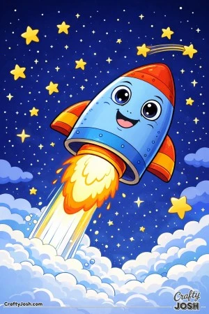 A smiling cartoon spaceship with big eyes and a friendly grin flies through a sky filled with stars and fluffy clouds