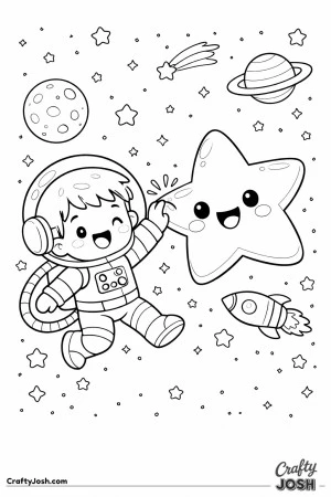 astronaut floats through space as he high-fives a smiling star with a friendly face