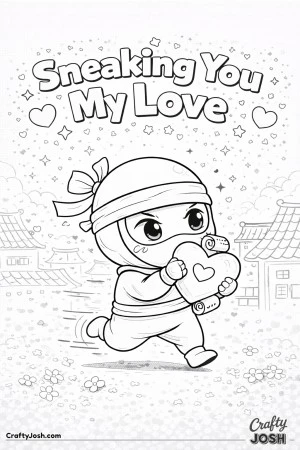 This fun Valentine’s Day coloring page features a sneaky little ninja delivering love with a heart-shaped scroll and the message “Sneaking You My ..