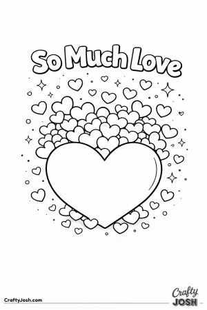 This warm Valentine’s Day coloring page features a large heart overflowing with smaller hearts and sparkles alongside the sweet phrase “So Much ..