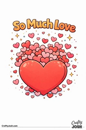 This warm Valentine’s Day coloring page features a large heart overflowing with smaller hearts and sparkles alongside the sweet phrase “So Much ..