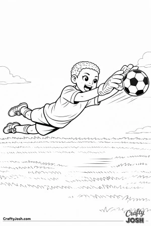 This coloring page shows a youth soccer goalkeeper diving fully sideways to make a save as the ball reaches his gloves