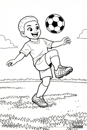 This coloring page shows a youth soccer player juggling a soccer ball