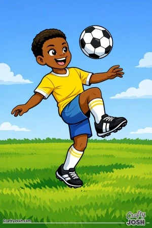 This coloring page shows a youth soccer player juggling a soccer ball