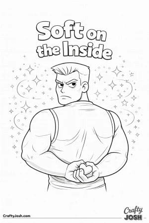 This fun Valentine’s Day coloring page features a tough-looking character hiding a tiny heart behind their back with the phrase “Soft on the ..