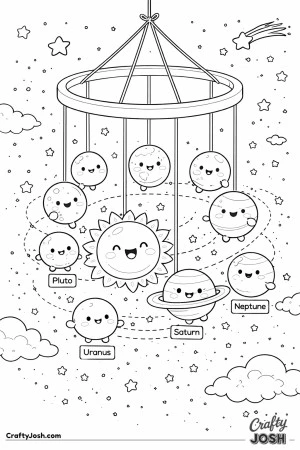 A solar system mobile hangs in space with a smiling sun and cute planets dangling from strings inside a round frame