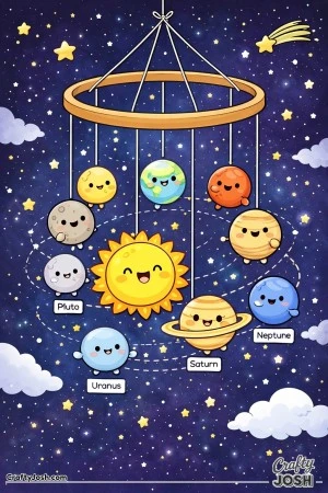 A solar system mobile hangs in space with a smiling sun and cute planets dangling from strings inside a round frame