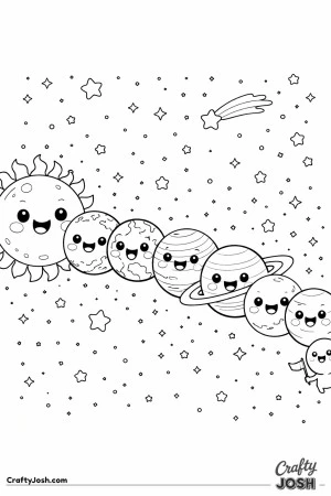 The solar system is lined up like a parade, with the smiling sun and each planet showing a different happy face as they float through space