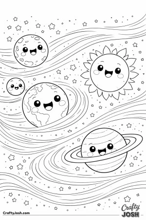 Soft swirling solar wind moves through space as it passes smiling planets and the sun